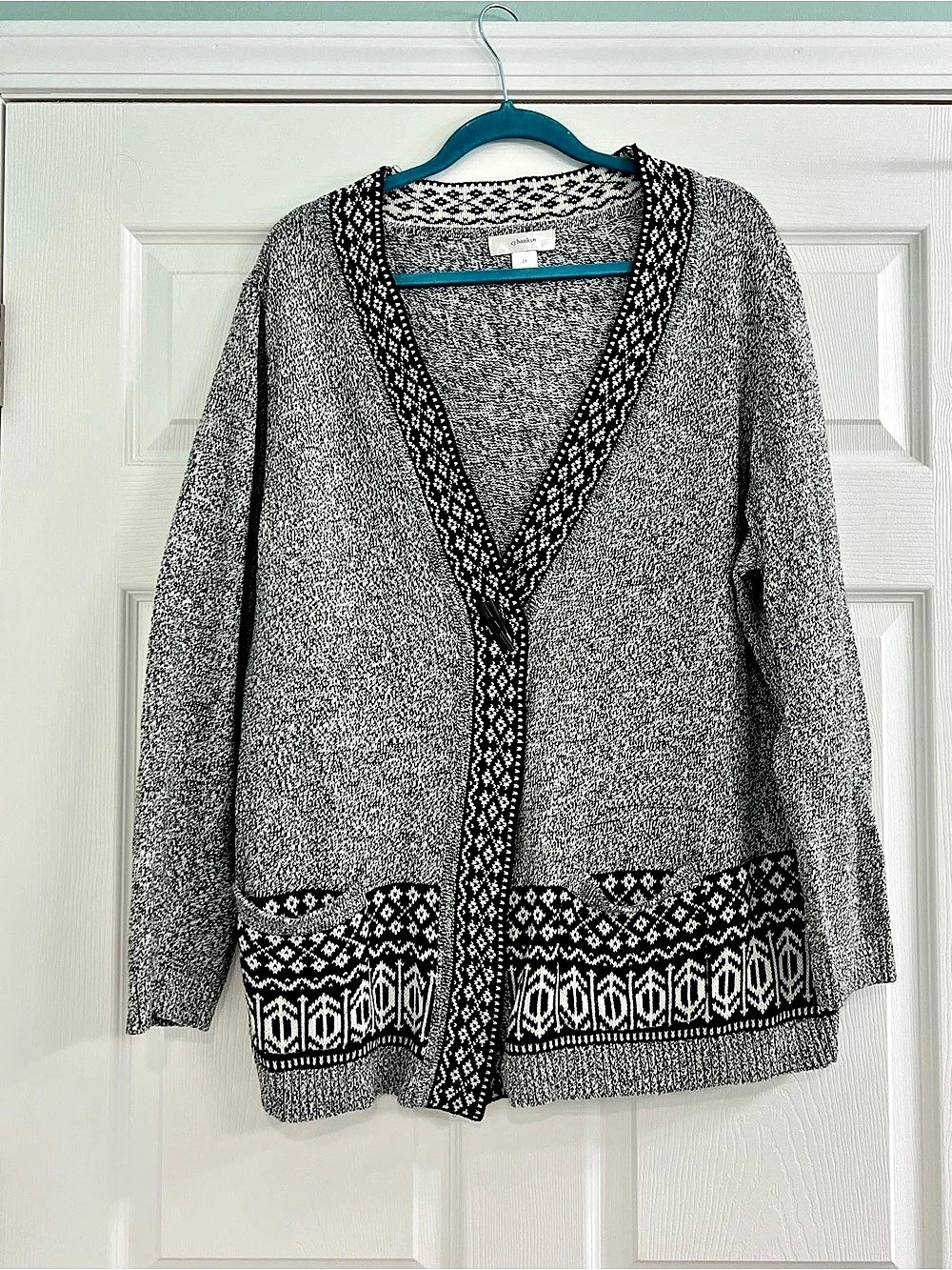 CJ Banks Women’s Cotton Black & White Fair Isle Cardigan Size 2X Like New